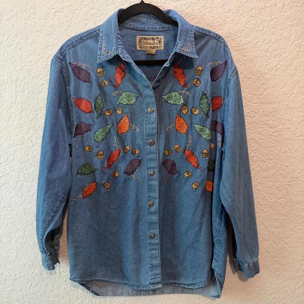 Tantrum Blues Denim Embroidered Leaf Shirt Medium Cottagecore Fall Boho Teacher